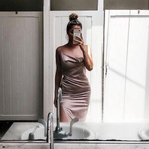 Light rose color satin mid length slip dress